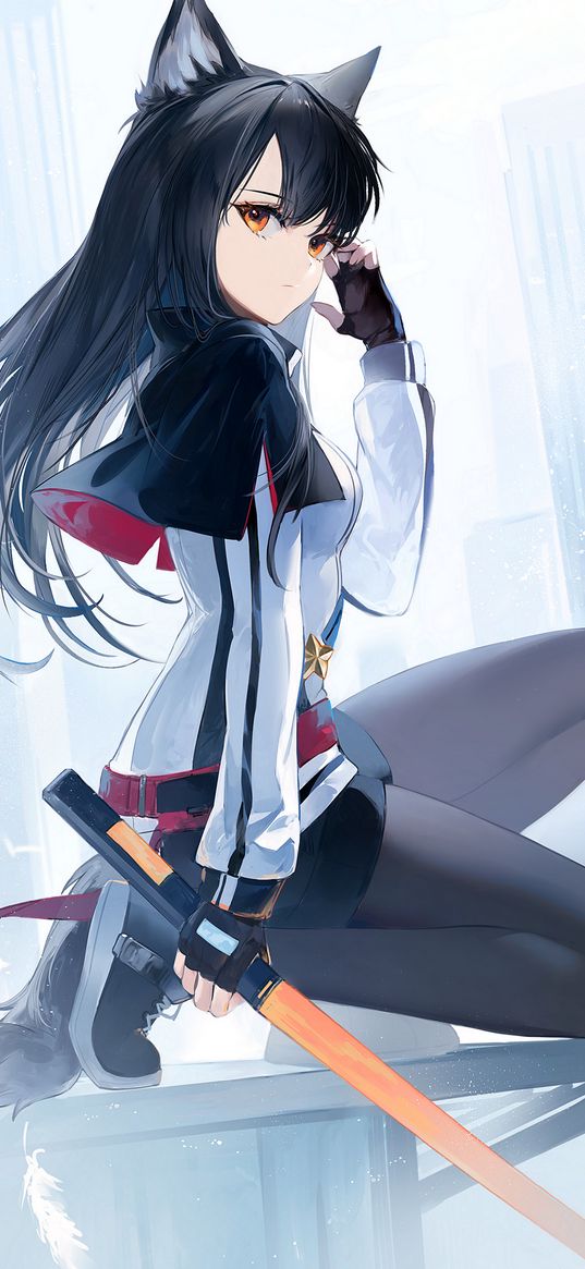 texas, arknights, game, anime, neko, girl, ears, tail, katana, city, art