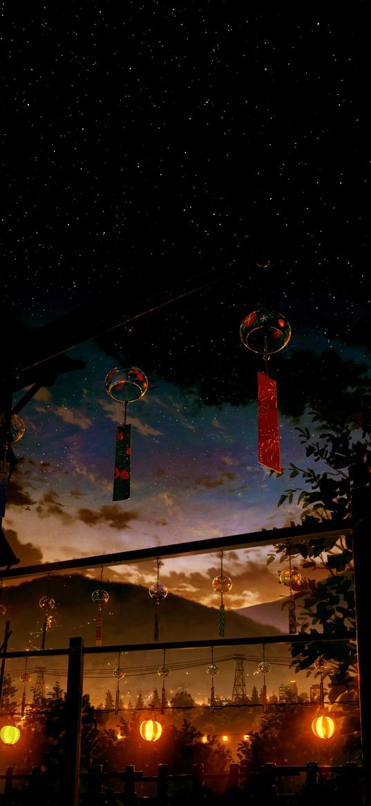 anime, lantern, poster, painting, night, sky, stars