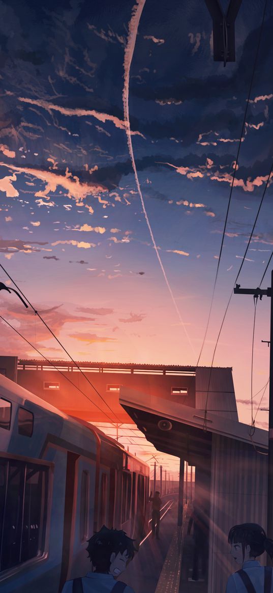 landscape, anime, art, train, sunset, sunrise, sky