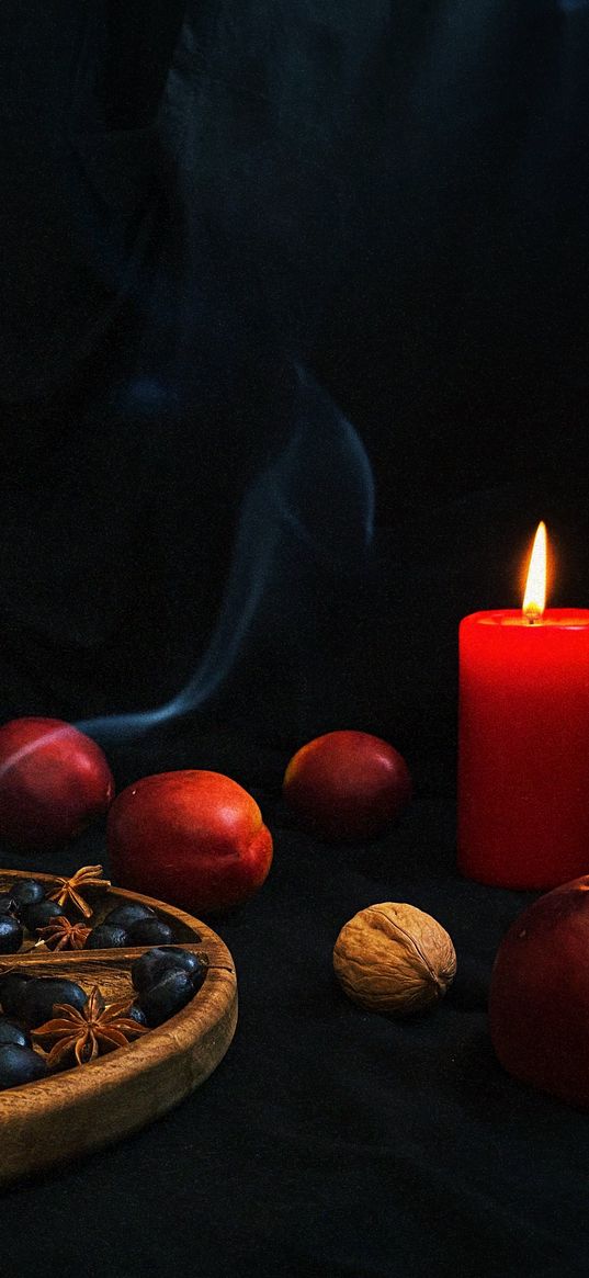 candle, red, flame, fire, fruit, nuts, food, dark background, still life