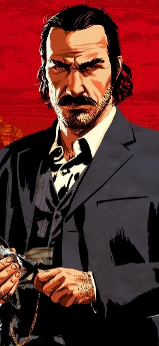 dutch van der linde, red dead redemption, game, character, red background, art