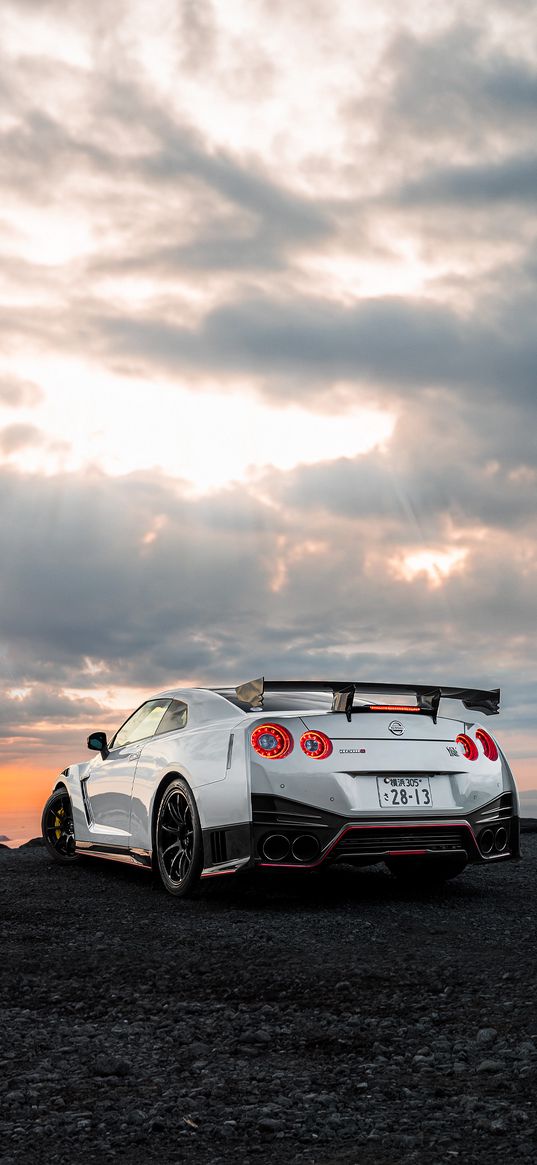 nissan gt-r nismo, nissan, car, white, sports car, clouds, sunset