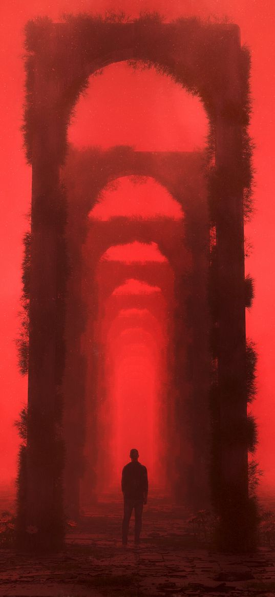 man, silhouette, arch, tunnel, red, art