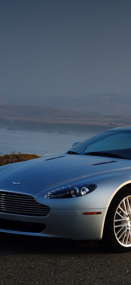 aston martin, v8, vantage, 2008, silver, side view, cars, mountains