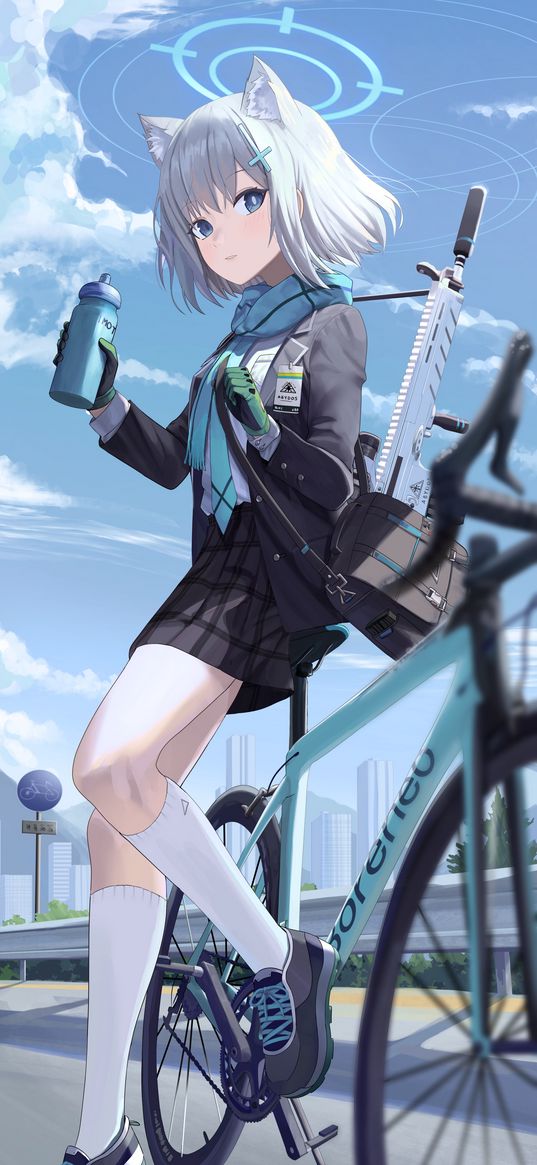 shiroko, blue archive, anime, girl, game, art, bicycle, sword