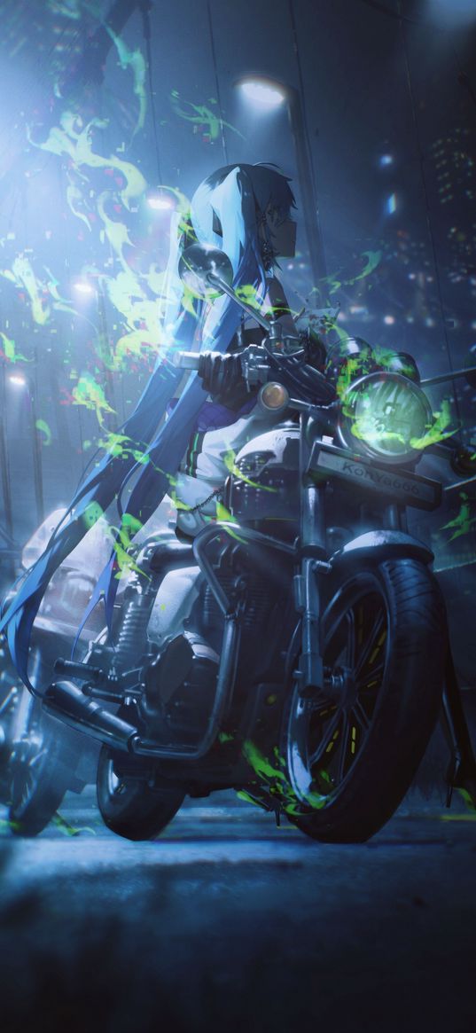 hatsune miku, girl, motorcycle, bike, night, anime, art