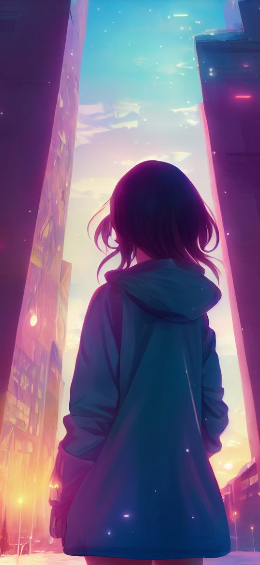 girl, lonely, skyscrapers, buildings, street, sky, anime, art