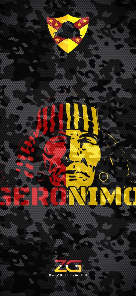 geronimo, indian, camouflage, red, yellow, tunis, art