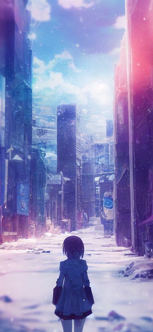 girl, lonely, skyscrapers, buildings, street, snow, winter, post-apocalypse, future, anime, art