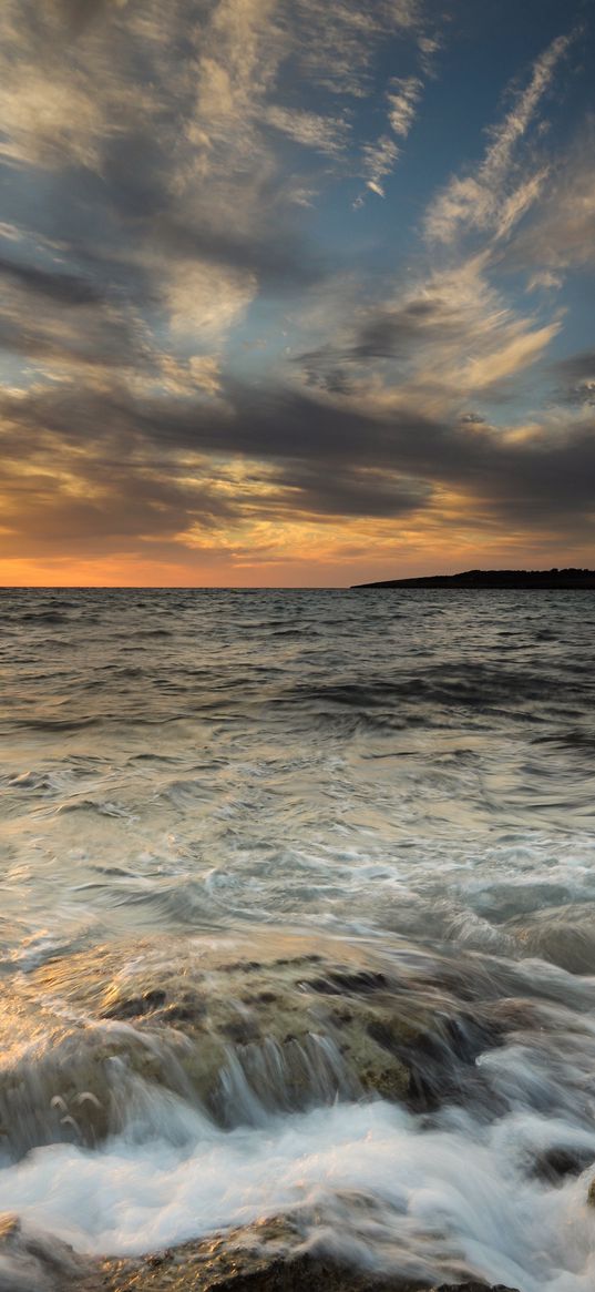 sea, waves, stone, clouds, twilight