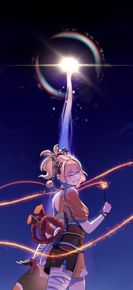 yoimiya, genshin impact, game, anime, girl, cheerful, smile, sparkler, fireworks, night, art