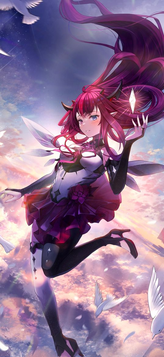 irys, hololive, anime, girl, pink hair, dress, wings, crystal, birds, clouds, flight, sky, art