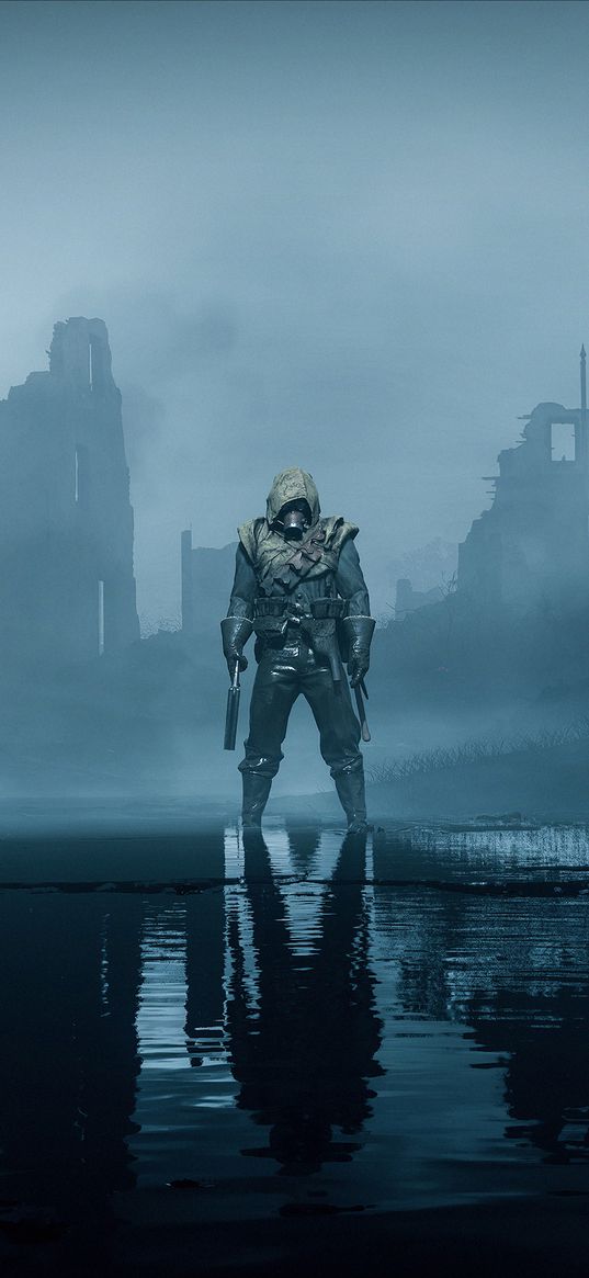 stalker, game, soldier, lonely, gas mask, shotgun, city, smoke, ruins, art