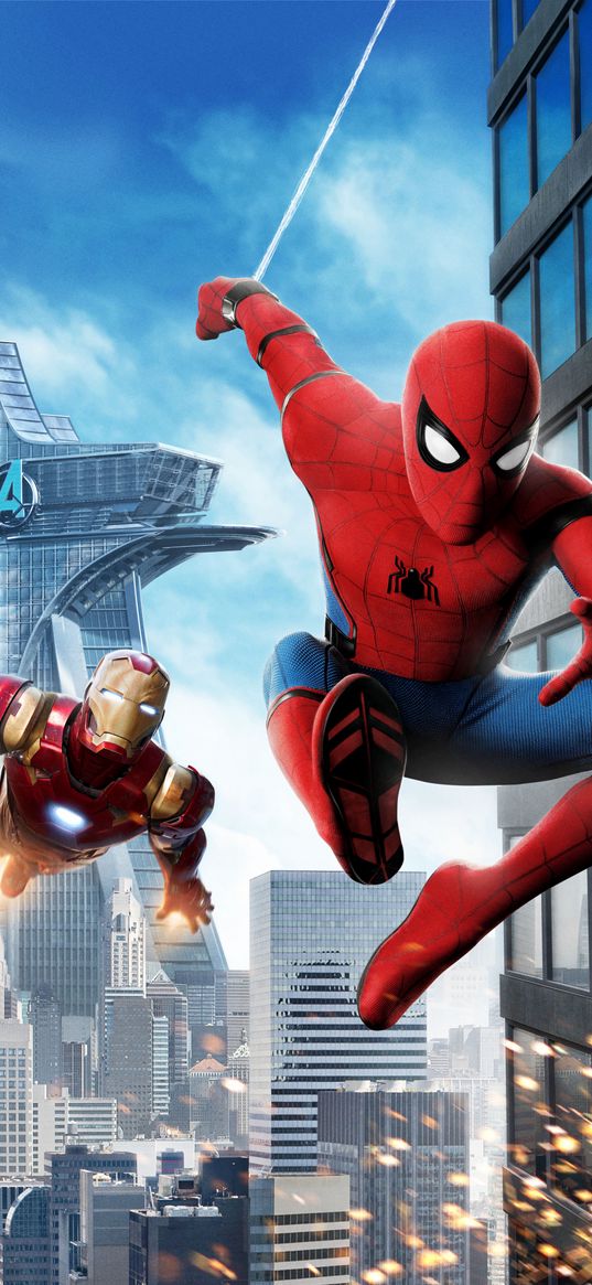 iron man, spider-man, spiderman, superheroes, avengers, marvel, skyscrapers, city, art