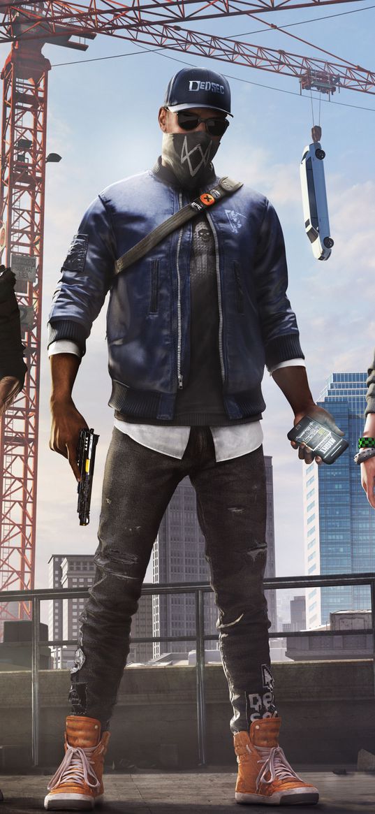 marcus holloway, watch dogs, game, characters, hackers, cranes, cars, skyscrapers, city, art