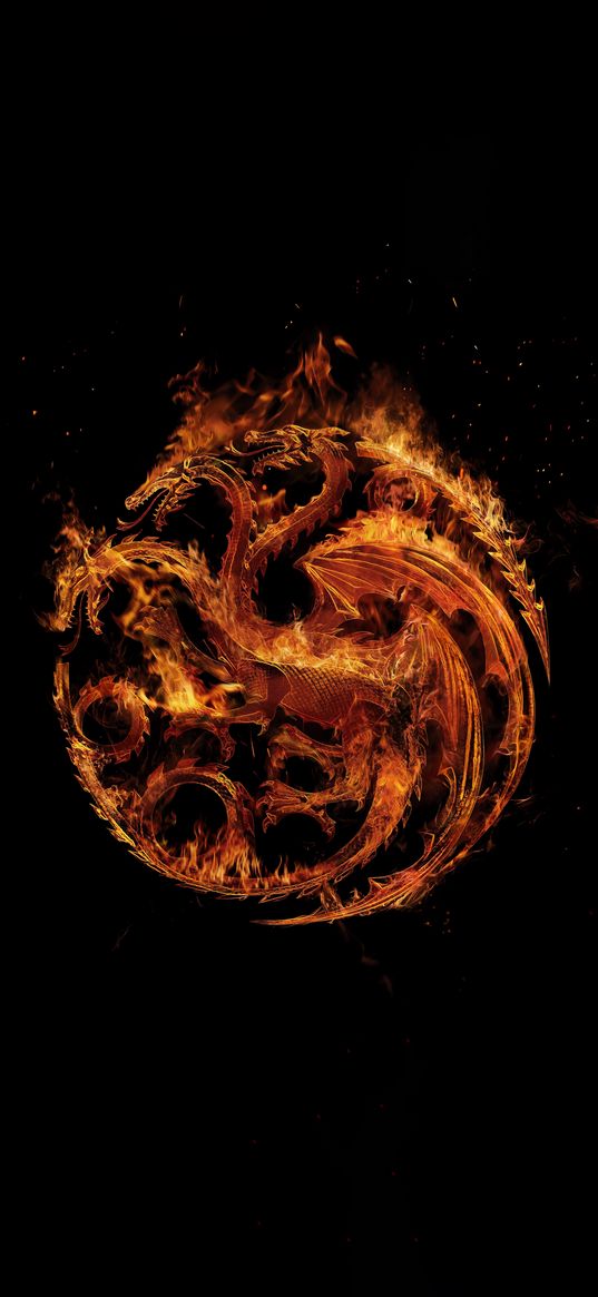 game of thrones, house of the dragon, tv series, dragon, logo, targaryens, fire, black background, art