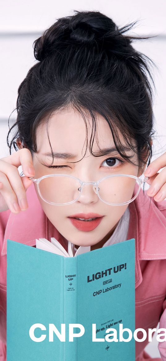 iu, k-pop, singer, girl, beautiful, cute, asian, pink suit, book, glasses, lab