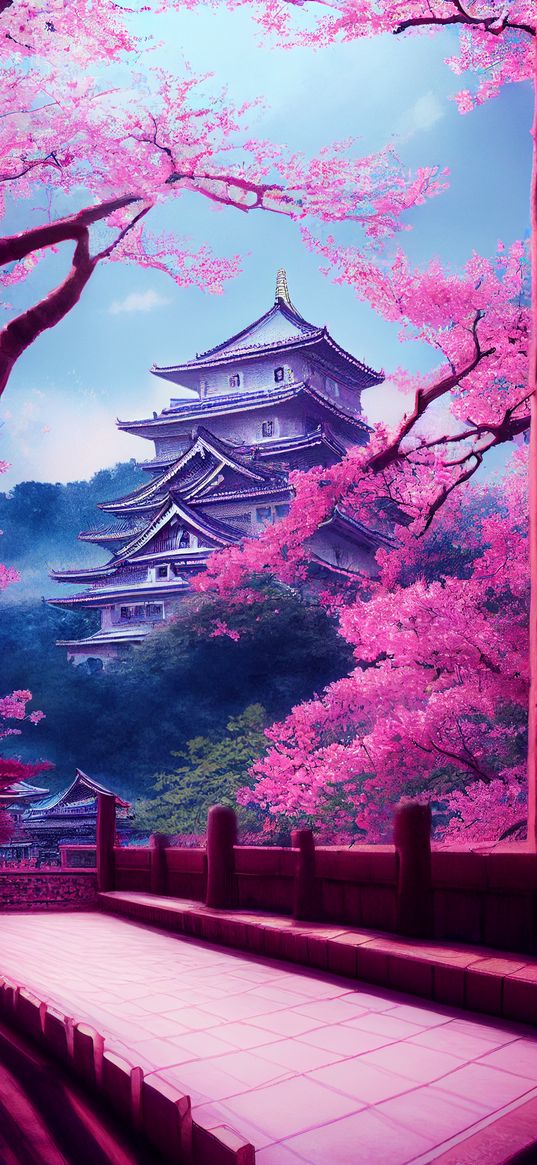 temple, castle, sakura, japan, art