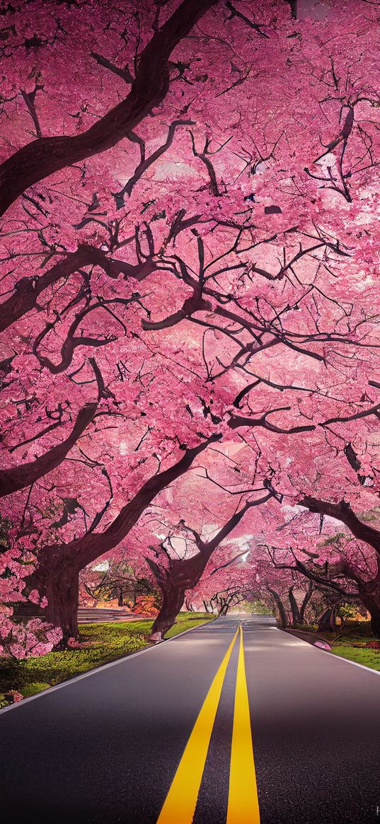 sakura, road way, hd, pink, tree, art