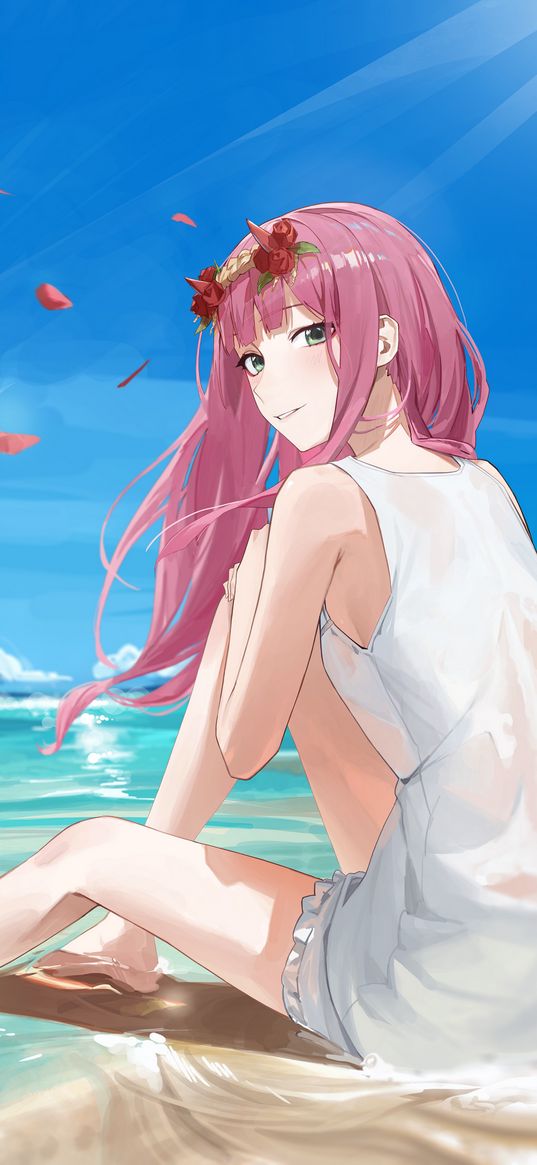 zero two, 002, darling in the franxx, anime, girl, art, sea