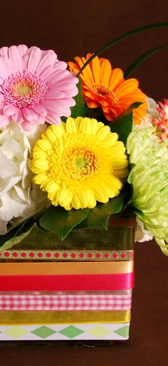 gerbera, hydrangea, chrysanthemums, flowers, composition, leaf, design, box