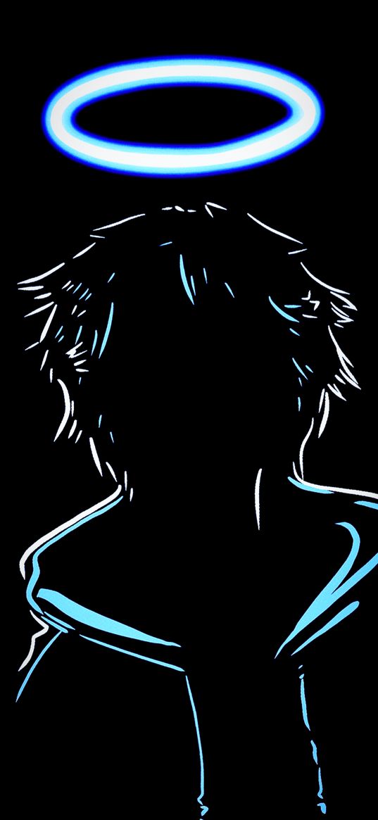 boy, silhouette, halo, neon, blue, white, black background, art