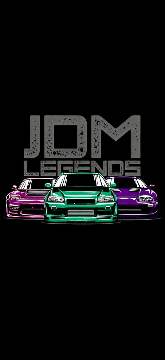 jdm, cars, pink, green, purple, black background, art