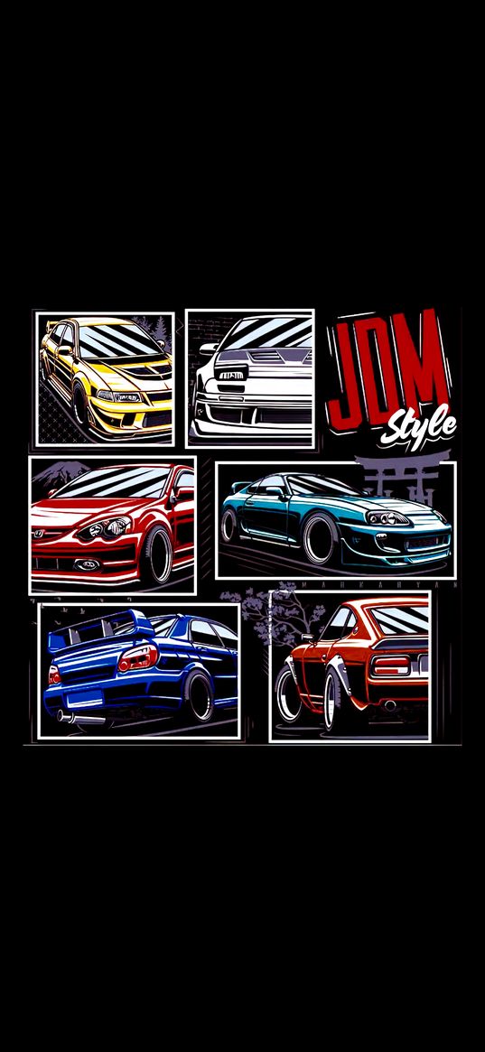 jdm, cars, colorful, black background, collage, art