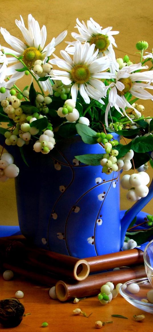 chamomile, flowers, pitcher, bouquet, cup, scarf, tea