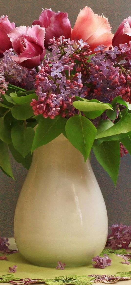 lilacs, tulips, flower, spring, vase, petals, napkin