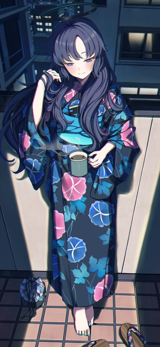 girl, anime, art, kimono, cup, tea, balcony