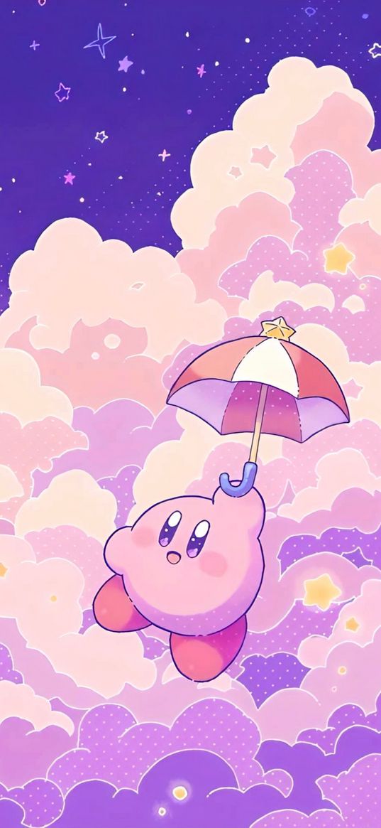 kirby, character, cartoon, game, umbrella, clouds, sky, stars, art