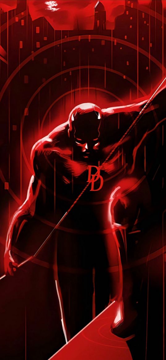 daredevil, matt murdock, superhero, marvel, city, red, black, art