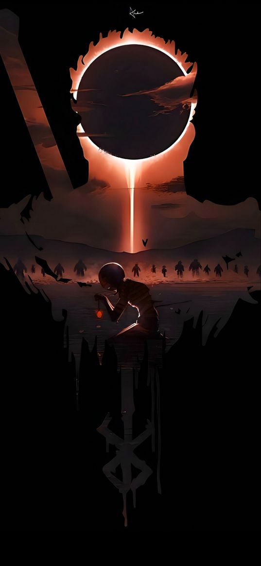 berserk, anime, eclipse, astronauts, figure, symbol, art