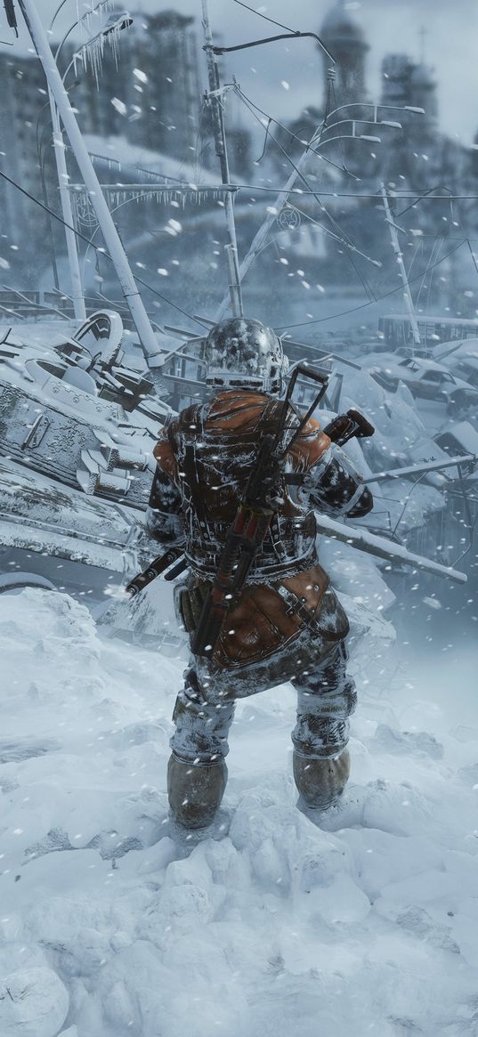 metro exodus, game, soldier, weapon, city, ruins, post-apocalypse, snow, winter, art