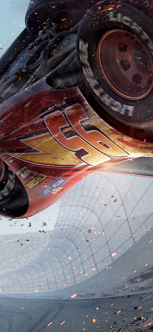 lightning mcqueen, cars, cartoon, sports car, car, track, race, nascar, sparks, art