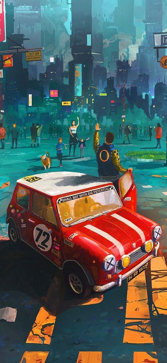 mini cooper, car, red, guy, family, people, city, future, art