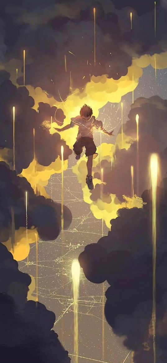 guy, superpower, flight, city, lights, clouds, magic, anime, art