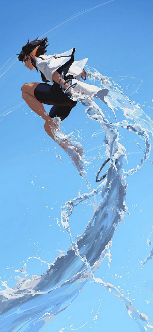 girl, elf, jump, flight, water, sky, magic, anime, art