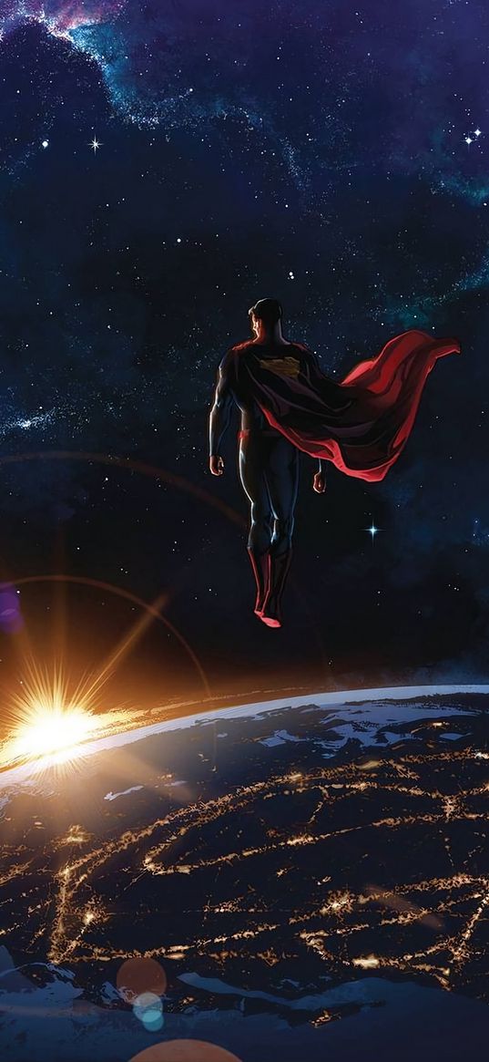 superman, superhero, dc, planet, logo, sunset, cosmos, art