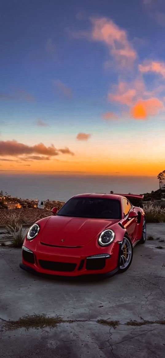 porsche 911, porsche, sports car, car, red, sea, sunset, sky, clouds