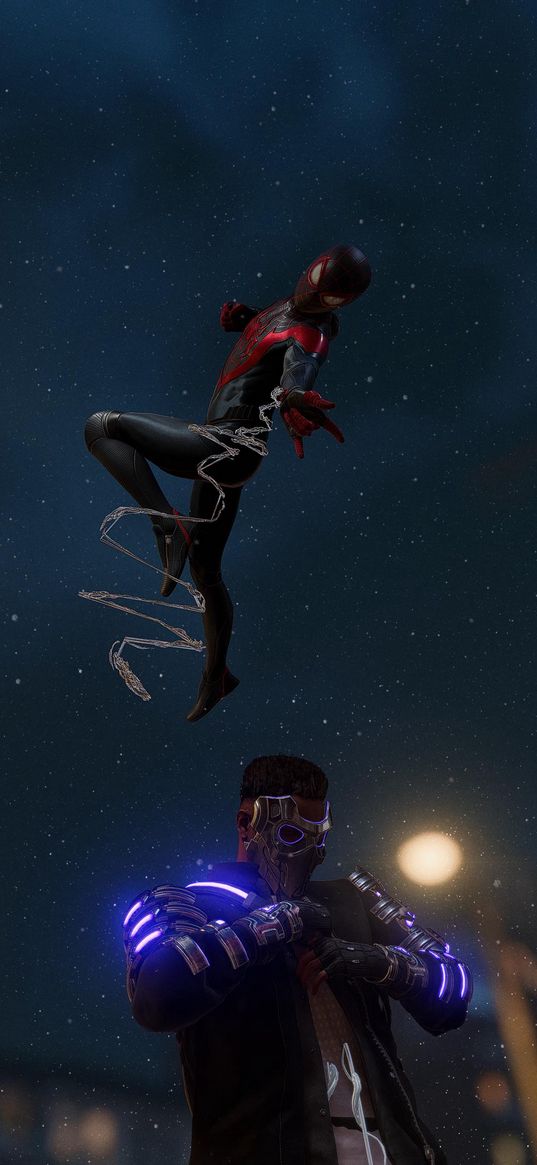 miles morales, spiderman, spider-man, superhero, marvel, villain, stars, night, battle, art