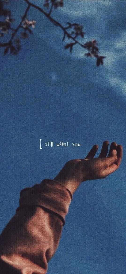 hand, branch, clouds, sky, text, quote, i still want you