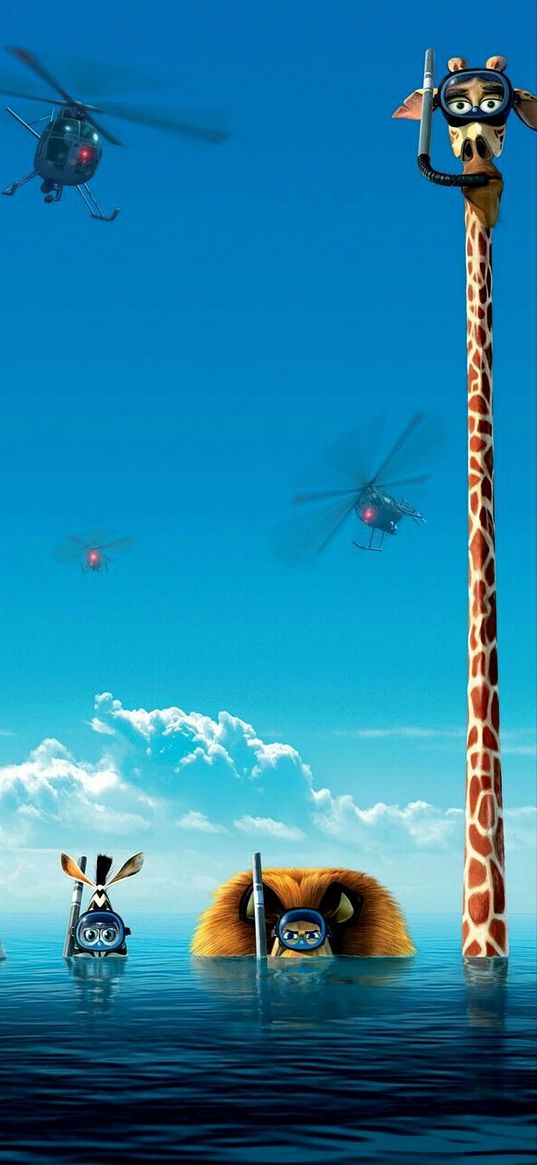 madagascar, cartoon, animals, spies, sea, helicopter, art