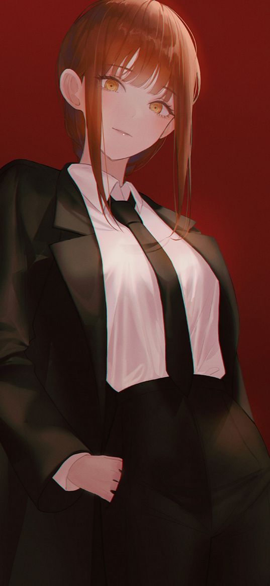 makima, chainsaw man, anime, girl, redhead, beautiful, business suit, art