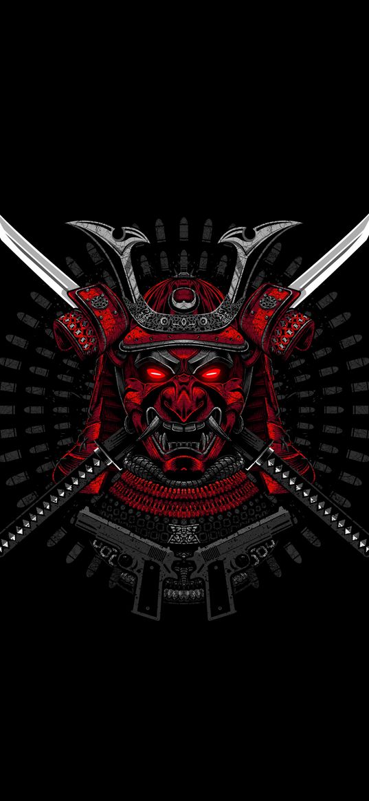 mask, evil, katanas, swords, japan, black background, art