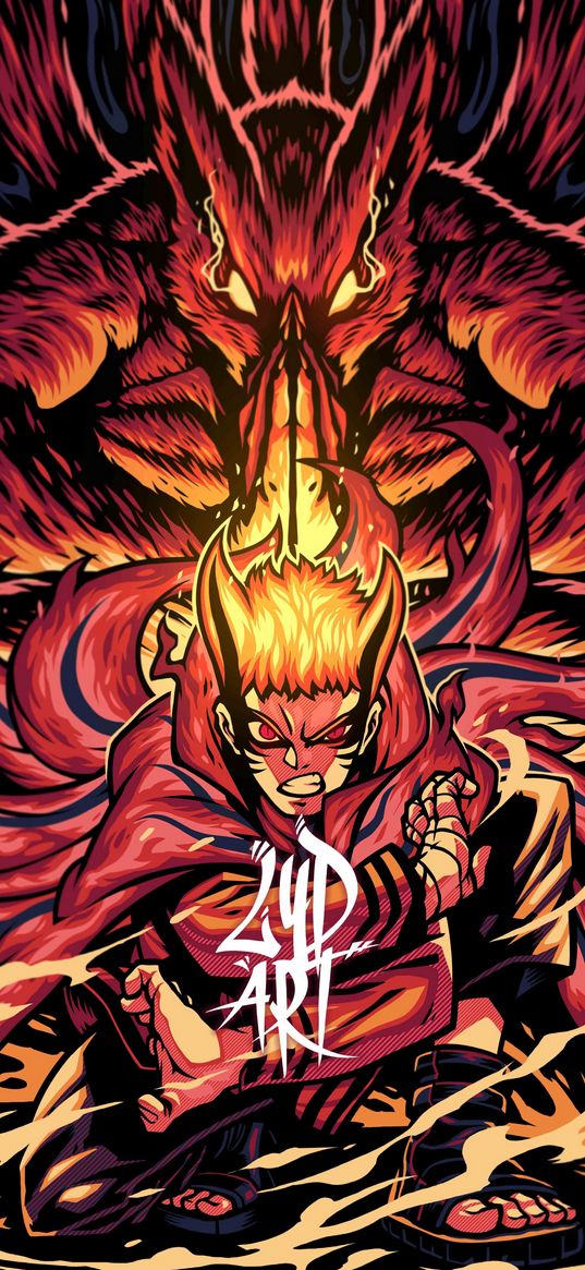 baryon, naruto, anime, guy, warrior, fox, monster, fire, orange, red, art