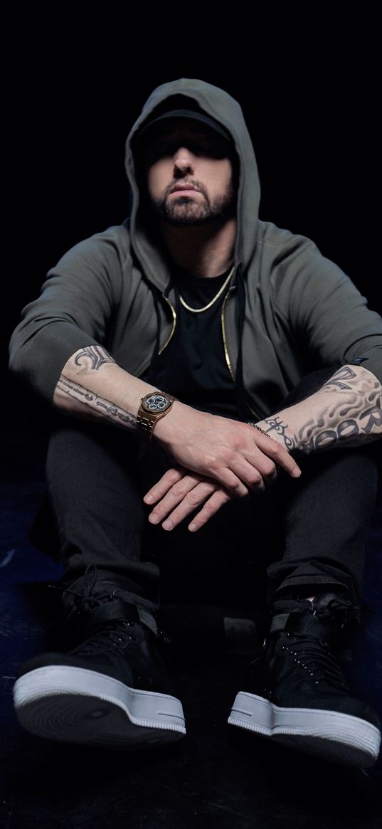 eminem, rapper, rap, guy, hoodie, tattoo, dark background