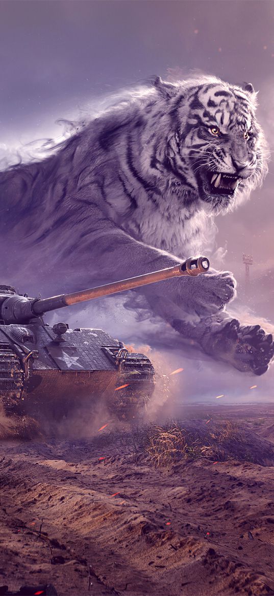 tank, tiger, army, clouds, art