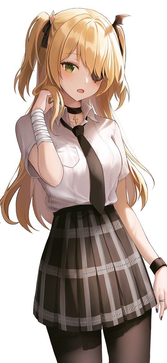 fischl, genshin impact, game, anime, girl, blonde, beautiful, eye patch, shirt, skirt, tie, art